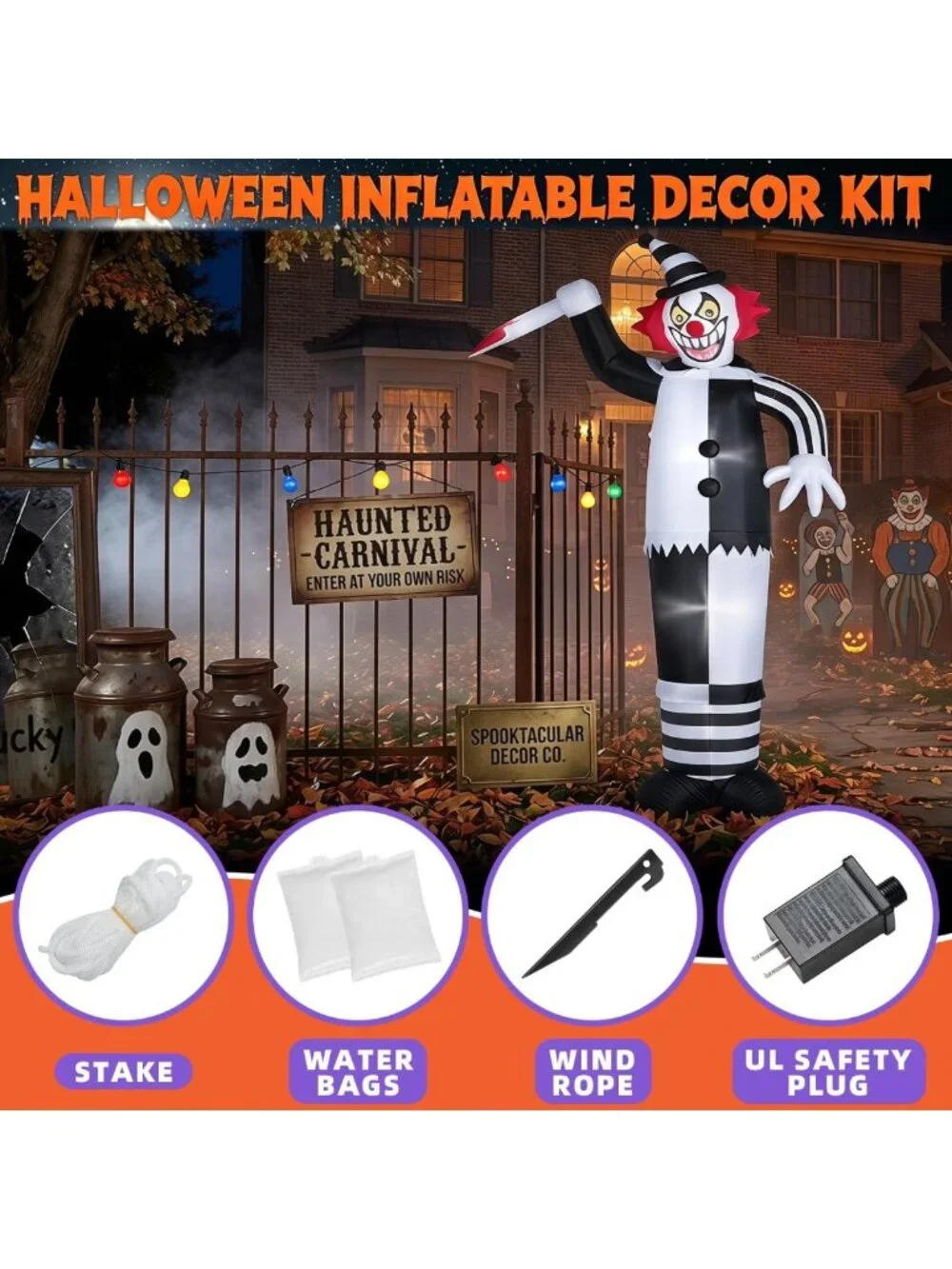 12ft Halloween Inflatable Clown Decoration with Knife - Spooky Outdoor Yard